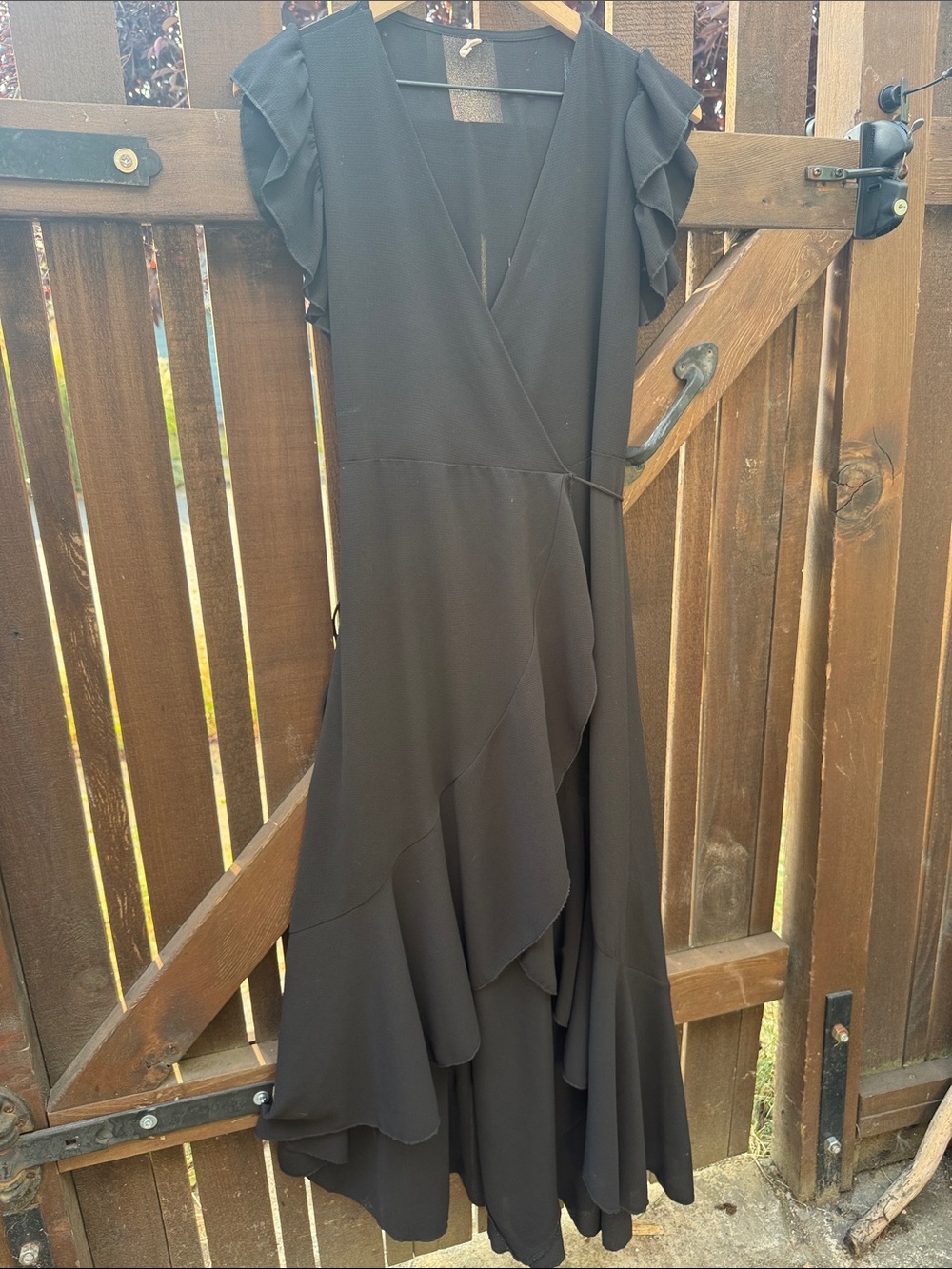 Tyche Black Ruffle Wrap Maxi Dress with Flutter Sleeves